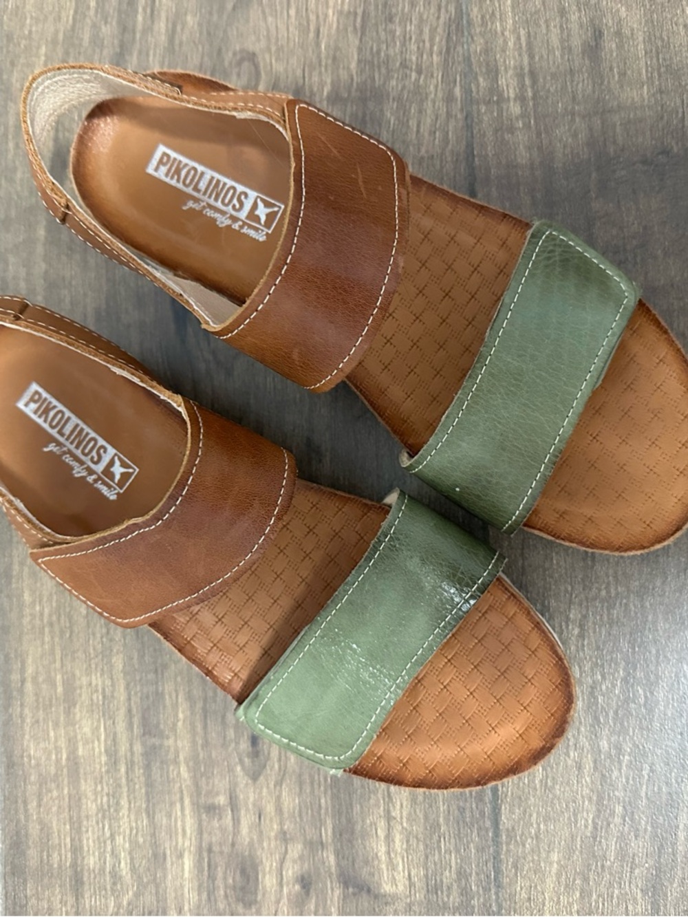 PIKOLINOS Brown and Green Leather Adjustable Slingback Sandals size 6.5